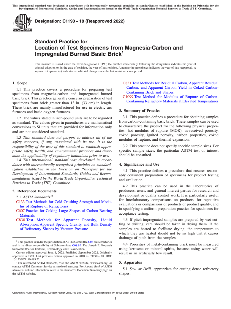 ASTM C1190-18(2022) - Standard Practice for Location of Test Specimens from Magnesia-Carbon and Impregnated   Burned Basic Brick