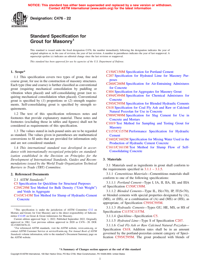 ASTM C476-22 - Standard Specification for Grout for Masonry