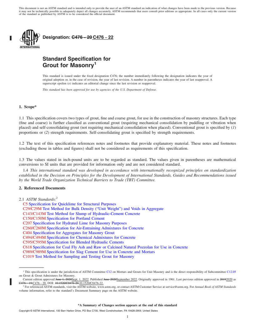 REDLINE ASTM C476-22 - Standard Specification for Grout for Masonry