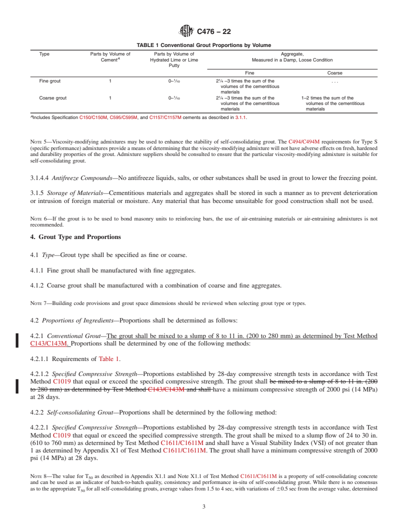 REDLINE ASTM C476-22 - Standard Specification for Grout for Masonry