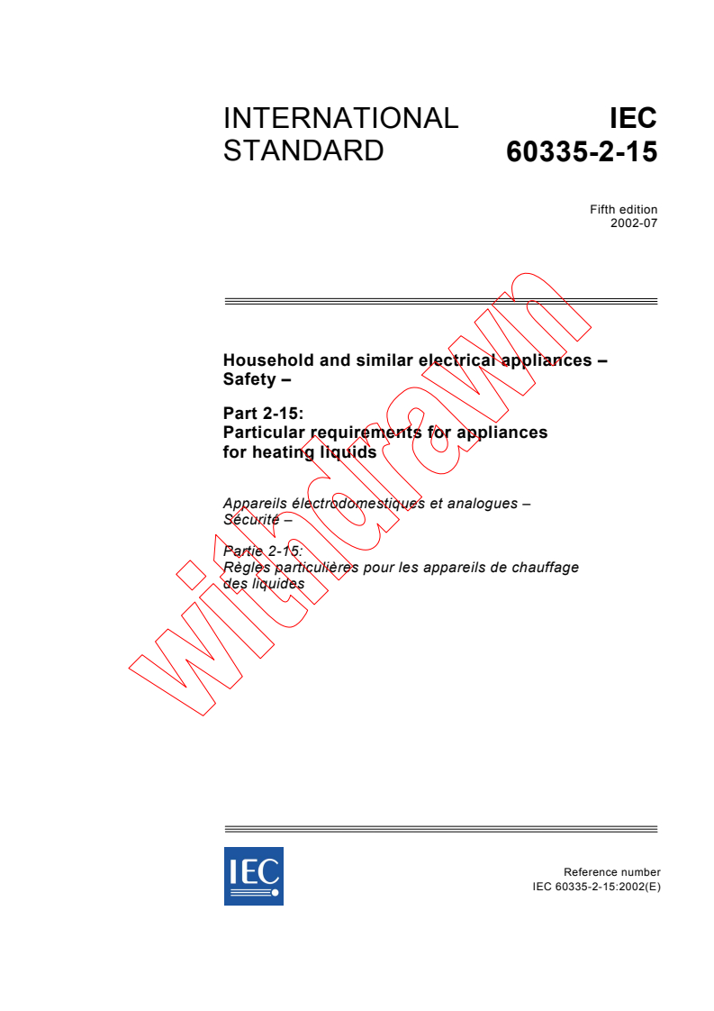 IEC 60335-2-15:2002 - Household and similar electrical appliances - Safety - Part 2-15: Particular requirements for appliances for heating liquids
Released:7/24/2002
Isbn:2831863740