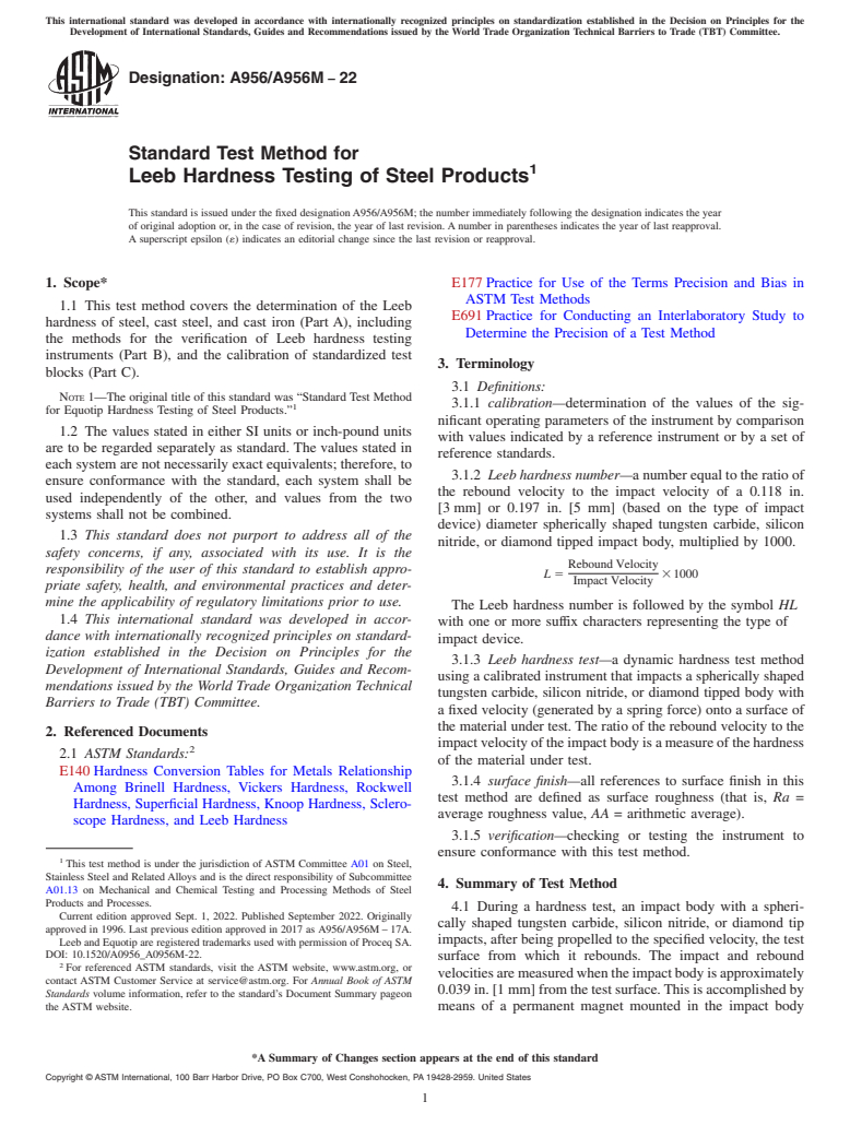 ASTM A956/A956M-22 - Standard Test Method for Leeb Hardness Testing of Steel Products