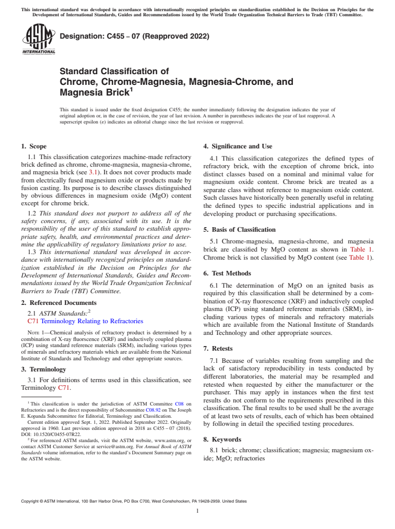 ASTM C455-07(2022) - Standard Classification of  Chrome, Chrome-Magnesia, Magnesia-Chrome, and Magnesia Brick