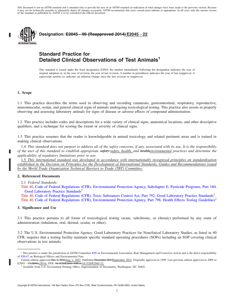 REDLINE ASTM E2045-22 - Standard Practice for  Detailed Clinical Observations of Test Animals