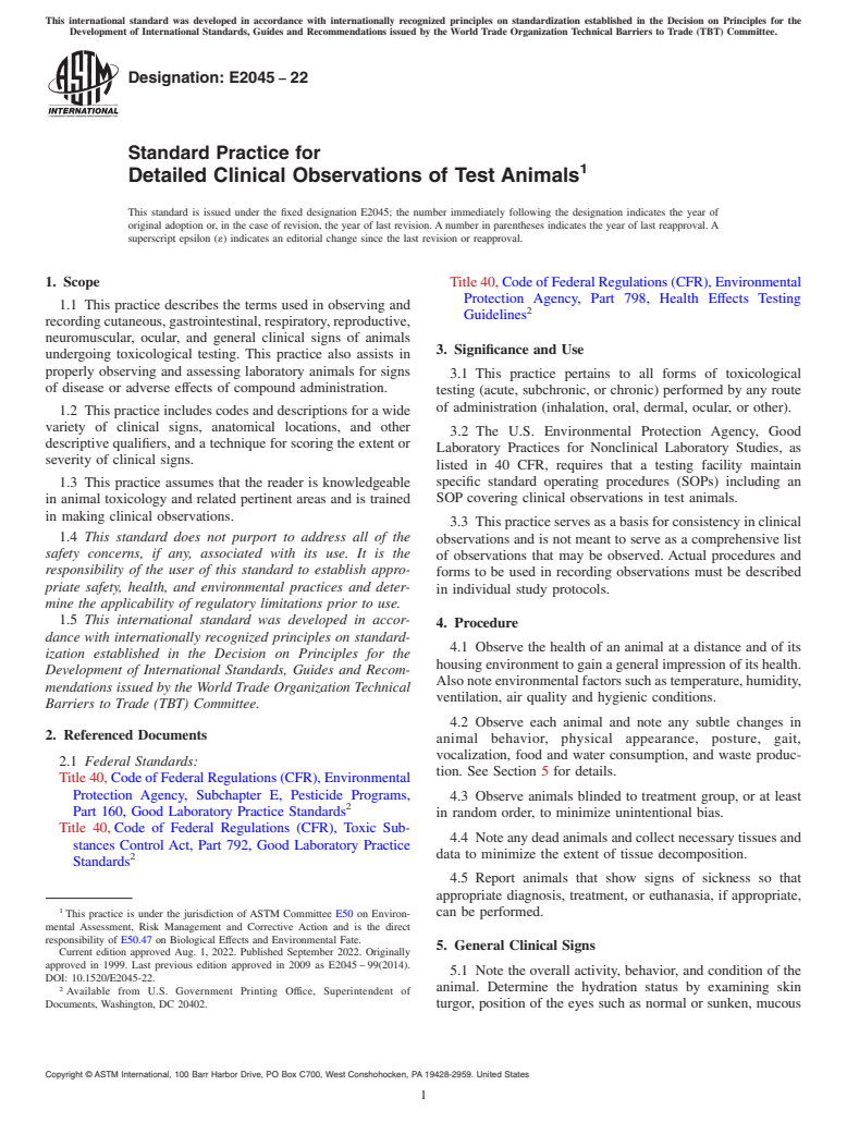 ASTM E2045-22 - Standard Practice for  Detailed Clinical Observations of Test Animals