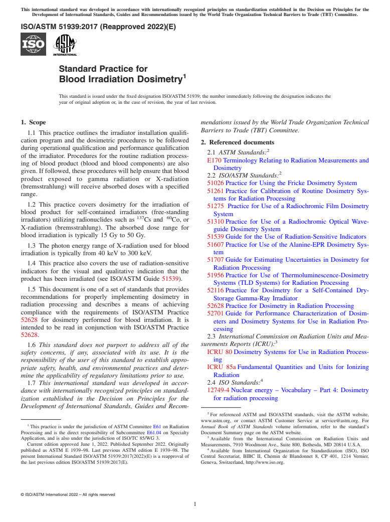 ASTM ISO/ASTM51939-17(2022) - Standard Practice for  Blood Irradiation Dosimetry