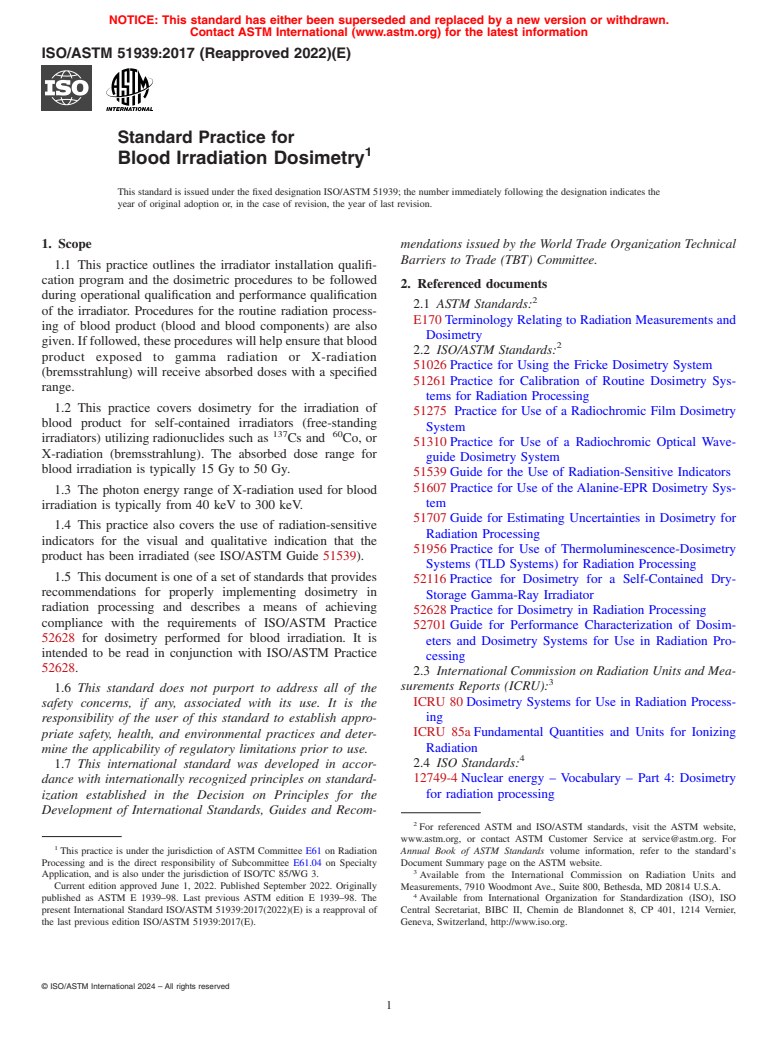 ASTM ISO/ASTM51939-17(2022) - Standard Practice for  Blood Irradiation Dosimetry