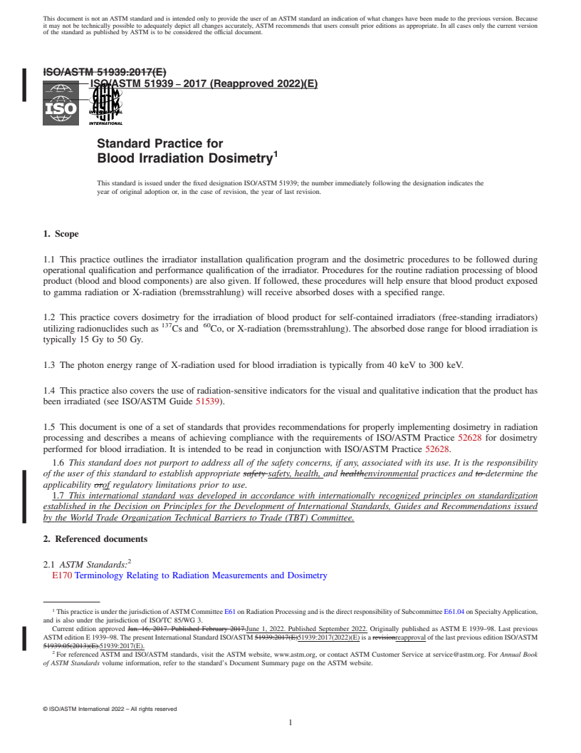 REDLINE ASTM ISO/ASTM51939-17(2022) - Standard Practice for  Blood Irradiation Dosimetry