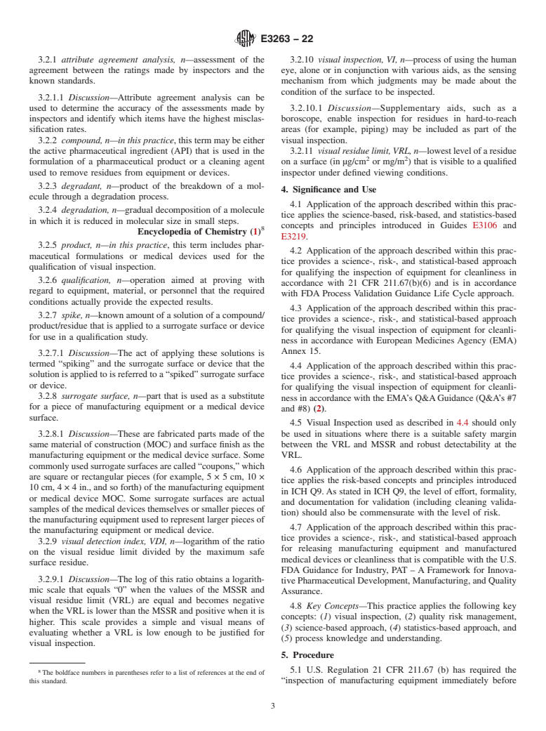 ASTM E3263-22 - Standard Practice for Qualification of Visual Inspection of Pharmaceutical Manufacturing  Equipment and Medical Devices for Residues