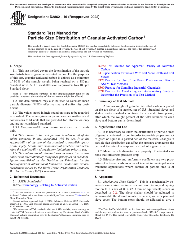 ASTM D2862-16(2022) - Standard Test Method for  Particle Size Distribution of Granular Activated Carbon