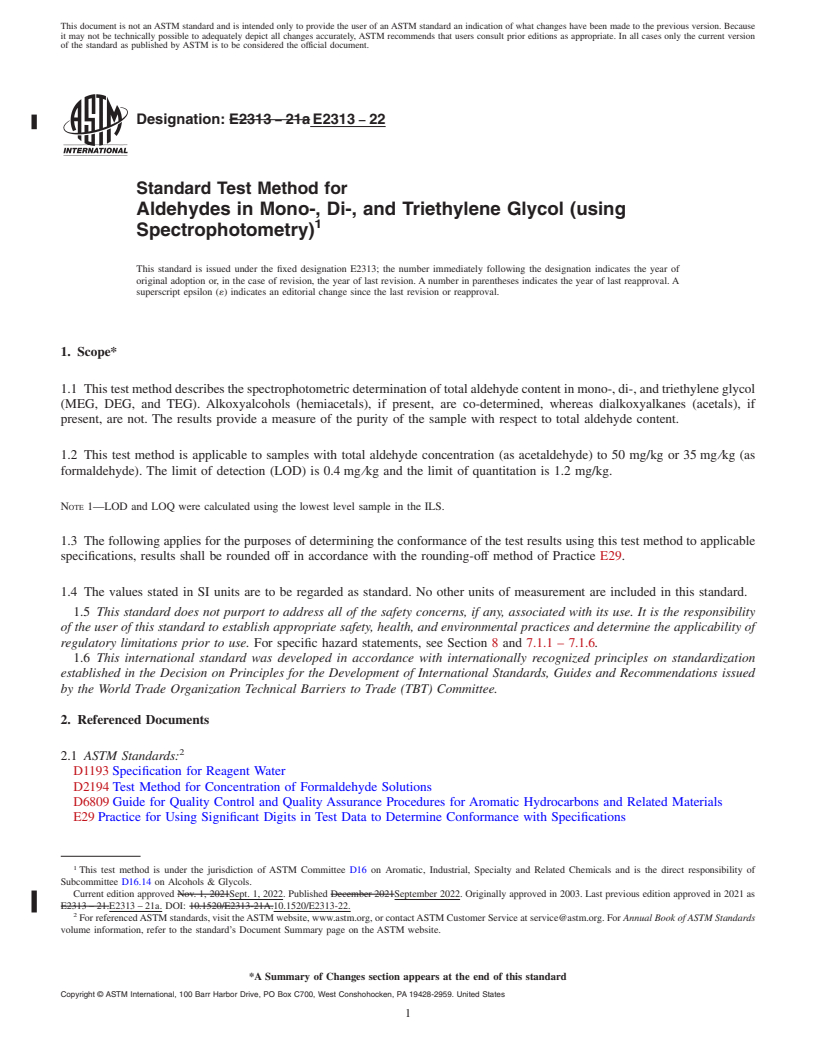 REDLINE ASTM E2313-22 - Standard Test Method for Aldehydes in Mono-, Di-, and Triethylene Glycol (using Spectrophotometry)