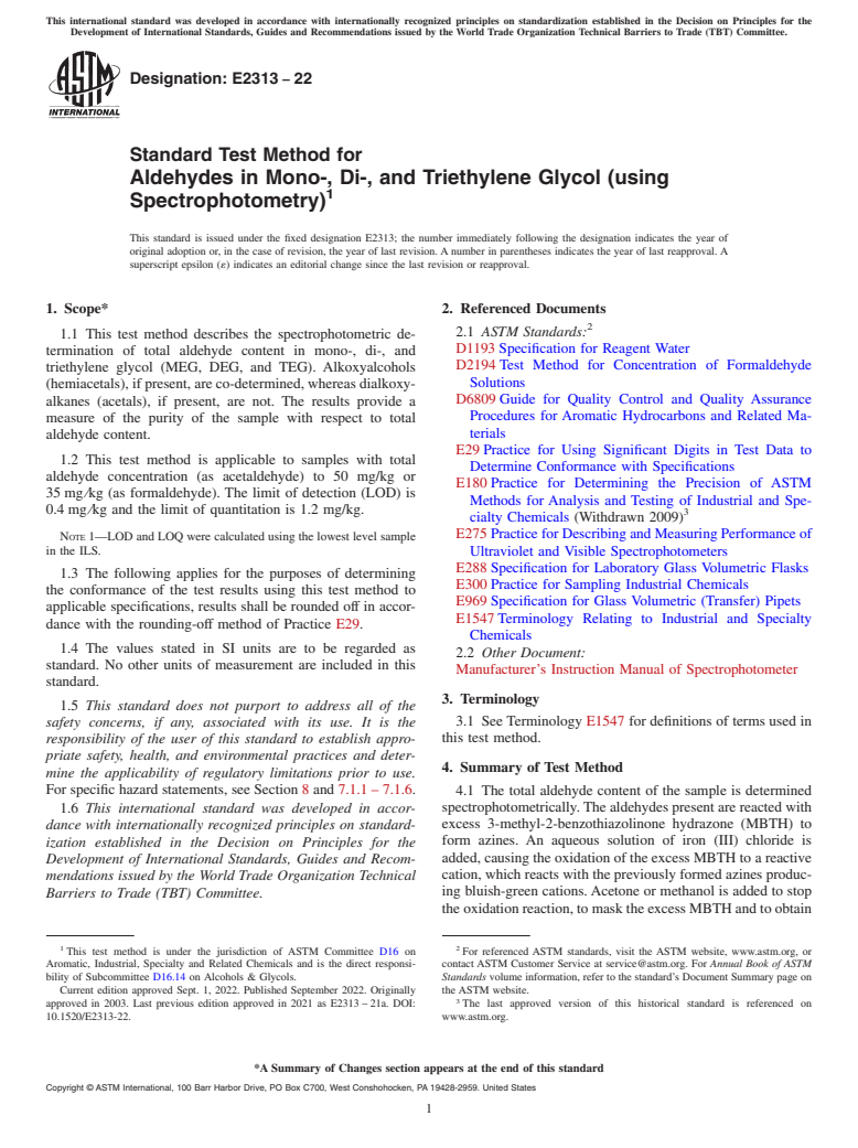 ASTM E2313-22 - Standard Test Method for Aldehydes in Mono-, Di-, and Triethylene Glycol (using Spectrophotometry)