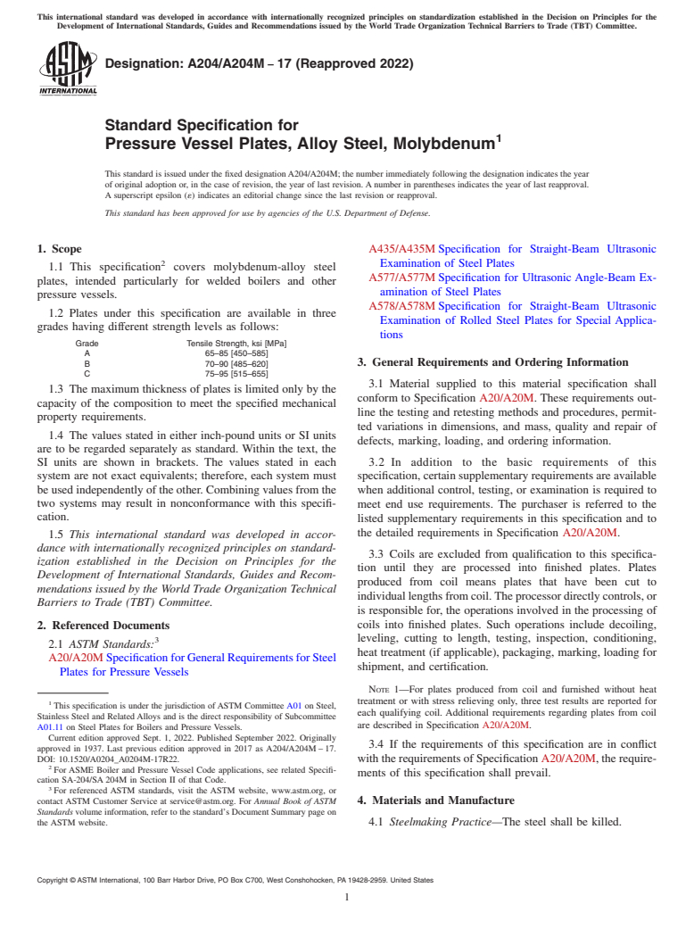 ASTM A204/A204M-17(2022) - Standard Specification for  Pressure Vessel Plates, Alloy Steel, Molybdenum