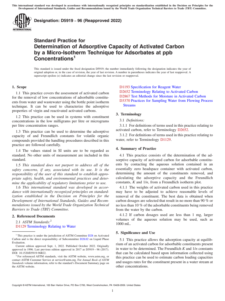 ASTM D5919-96(2022) - Standard Practice for  Determination of Adsorptive Capacity of Activated Carbon by   a Micro-Isotherm Technique for Adsorbates at ppb Concentrations