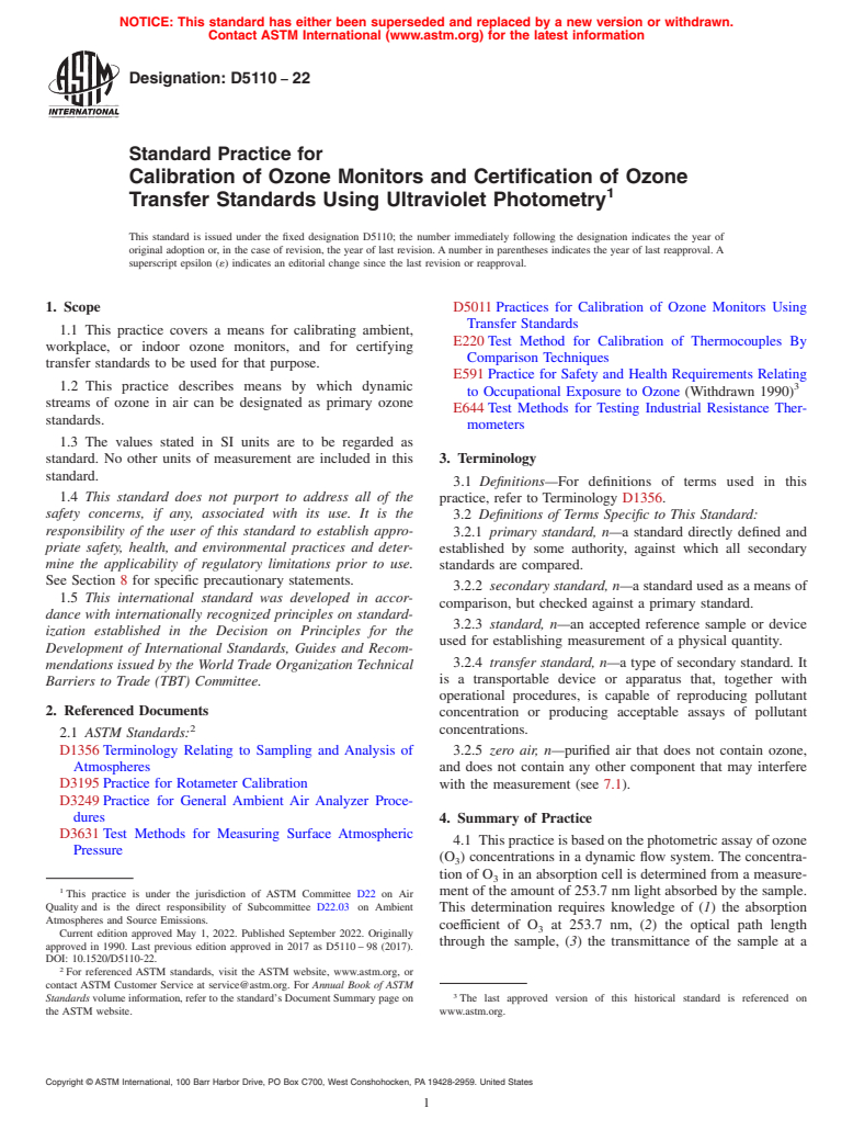 ASTM D5110-22 - Standard Practice for  Calibration of Ozone Monitors and Certification of Ozone Transfer  Standards Using Ultraviolet Photometry