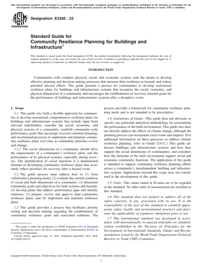 ASTM E3350-22 - Standard Guide for Community Resilience Planning for Buildings and Infrastructure
