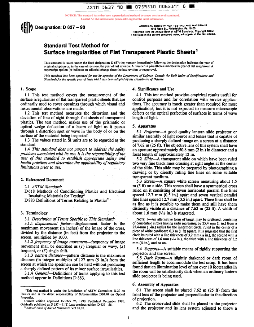 ASTM D637-90 - Test Method for Surface Irregularities of Flat Transparent Plastic Sheets (Withdrawn 1995)