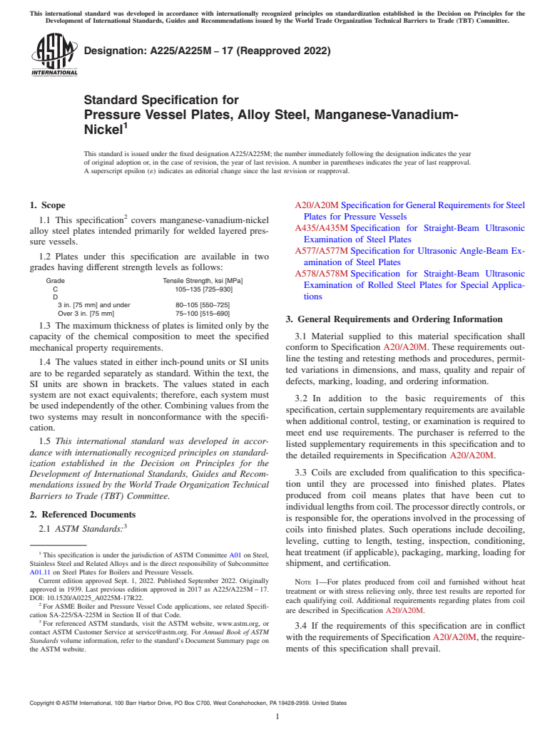 ASTM A225/A225M-17(2022) - Standard Specification for  Pressure Vessel Plates, Alloy Steel, Manganese-Vanadium-Nickel