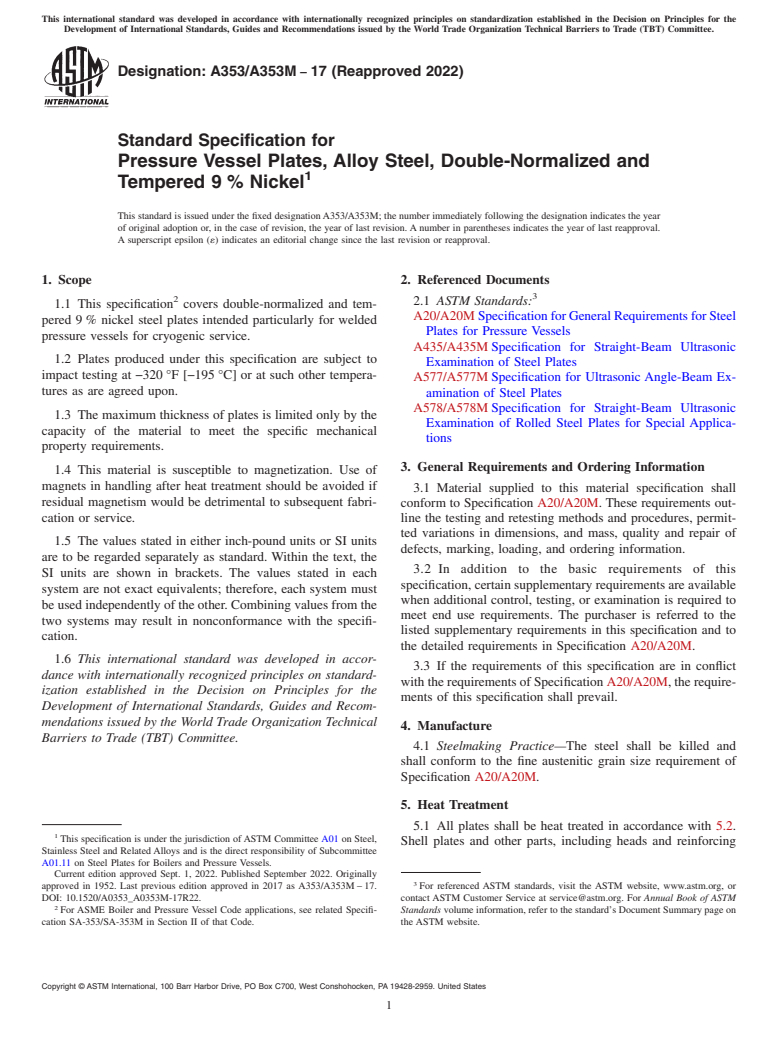 ASTM A353/A353M-17(2022) - Standard Specification for  Pressure Vessel Plates, Alloy Steel, Double-Normalized and  Tempered 9 % Nickel