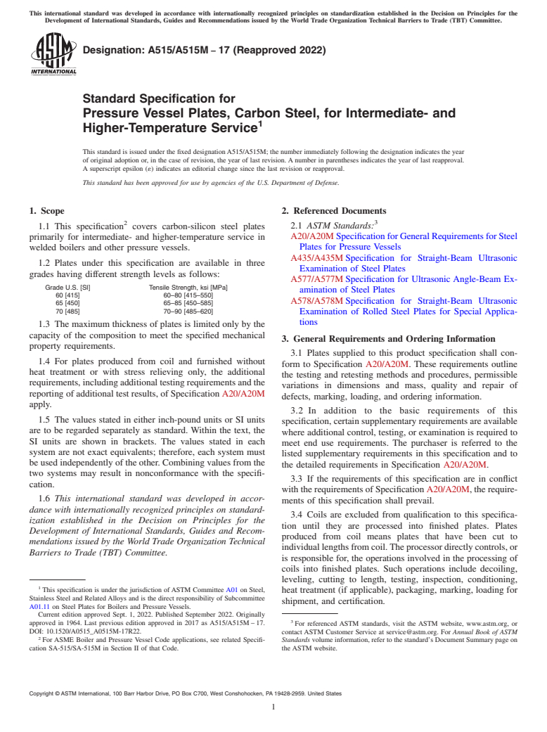 ASTM A515/A515M-17(2022) - Standard Specification for  Pressure Vessel Plates, Carbon Steel, for Intermediate- and  Higher-Temperature Service