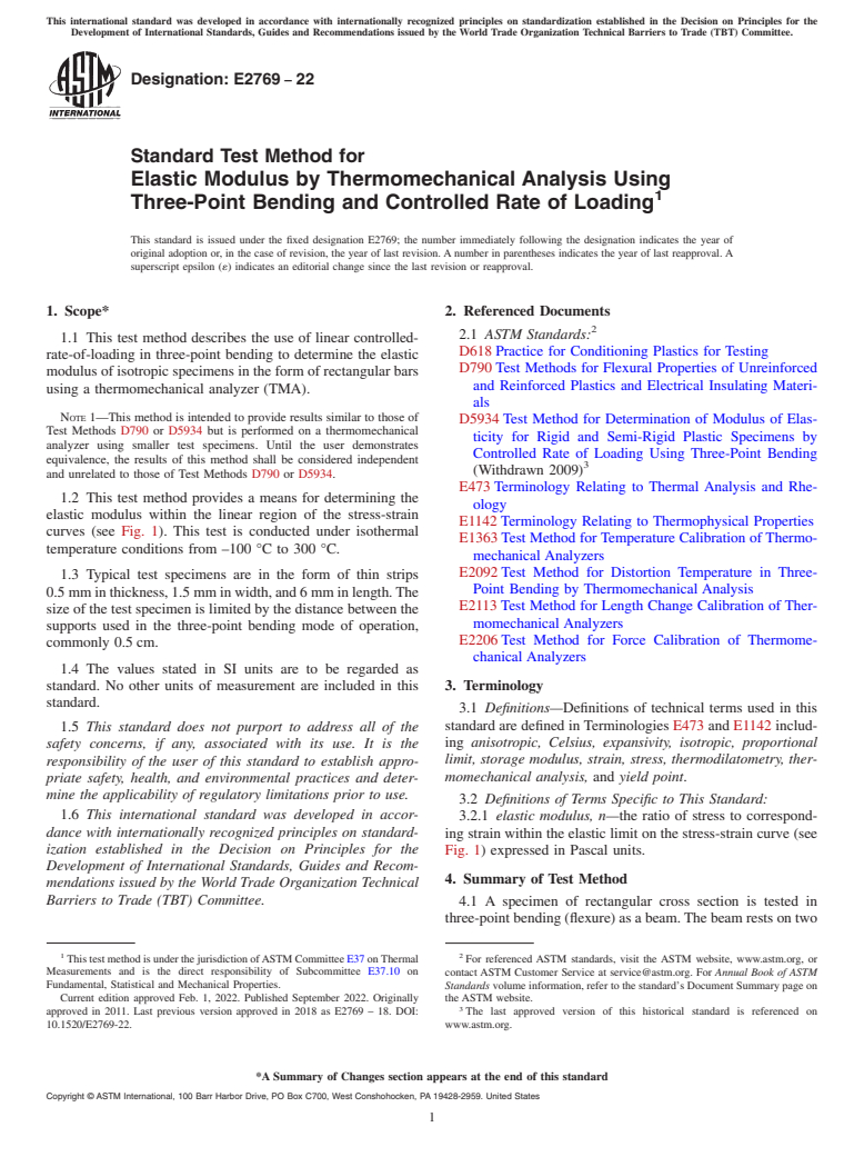 ASTM E2769-22 - Standard Test Method for  Elastic Modulus by Thermomechanical Analysis Using Three-Point  Bending and Controlled Rate of Loading
