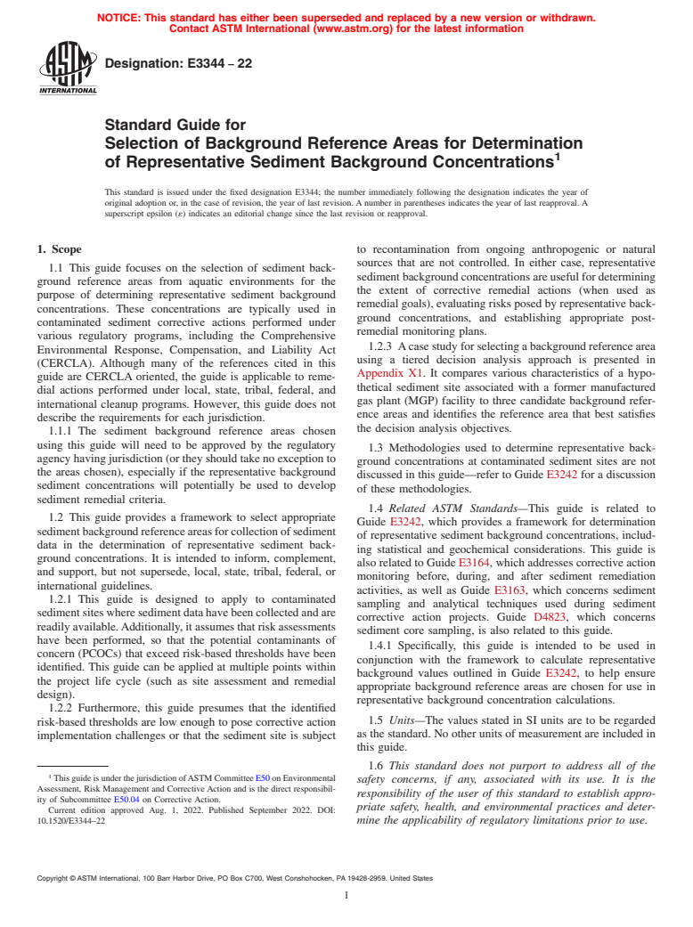 ASTM E3344-22 - Standard Guide for Selection of Background Reference Areas for Determination of  Representative Sediment Background Concentrations