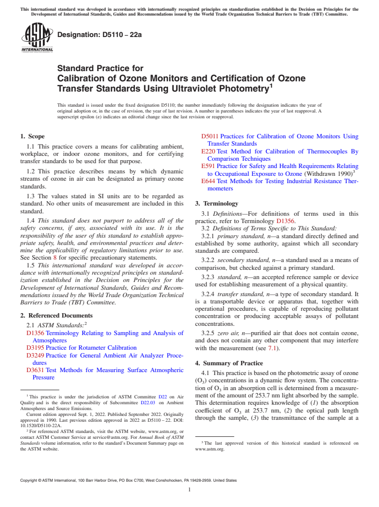 ASTM D5110-22a - Standard Practice for  Calibration of Ozone Monitors and Certification of Ozone Transfer  Standards Using Ultraviolet Photometry