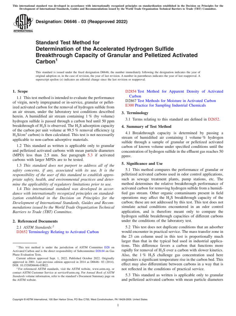 ASTM D6646-03(2022) - Standard Test Method for Determination of the Accelerated Hydrogen Sulfide Breakthrough  Capacity of Granular and Pelletized Activated Carbon