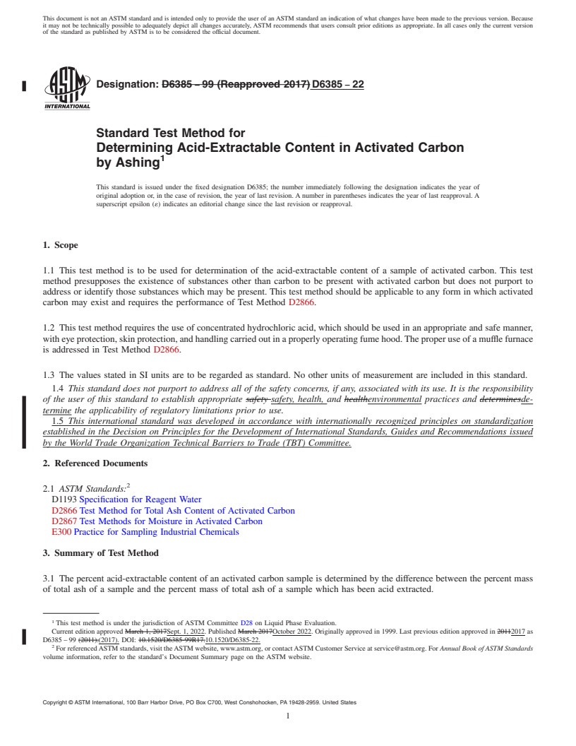 REDLINE ASTM D6385-22 - Standard Test Method for  Determining Acid-Extractable Content in Activated Carbon by   Ashing