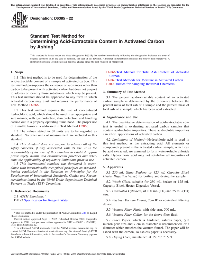 ASTM D6385-22 - Standard Test Method for  Determining Acid-Extractable Content in Activated Carbon by   Ashing