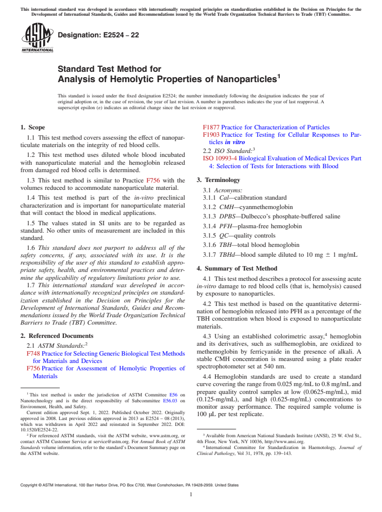 ASTM E2524-22 - Standard Test Method for  Analysis of Hemolytic Properties of Nanoparticles