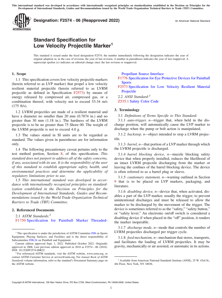 ASTM F2574-06(2022) - Standard Specification for  Low Velocity Projectile Marker