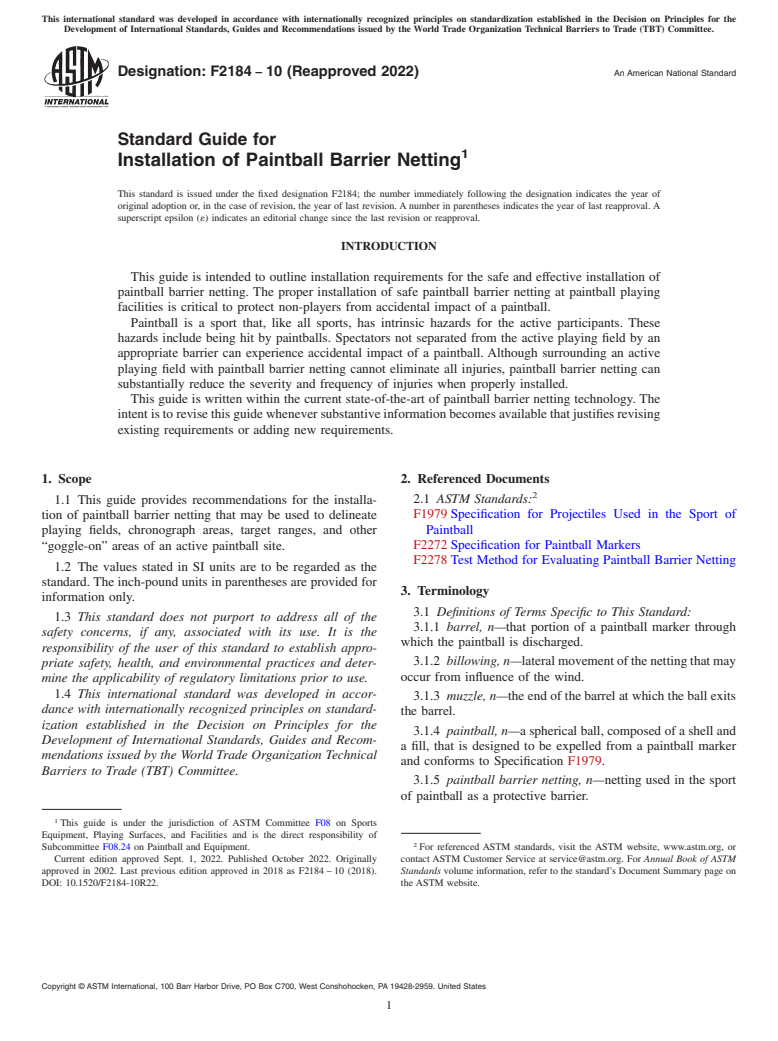 ASTM F2184-10(2022) - Standard Guide for Installation of Paintball Barrier Netting