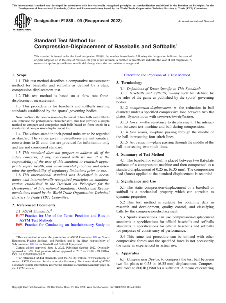 ASTM F1888-09(2022) - Standard Test Method for  Compression-Displacement of Baseballs and Softballs