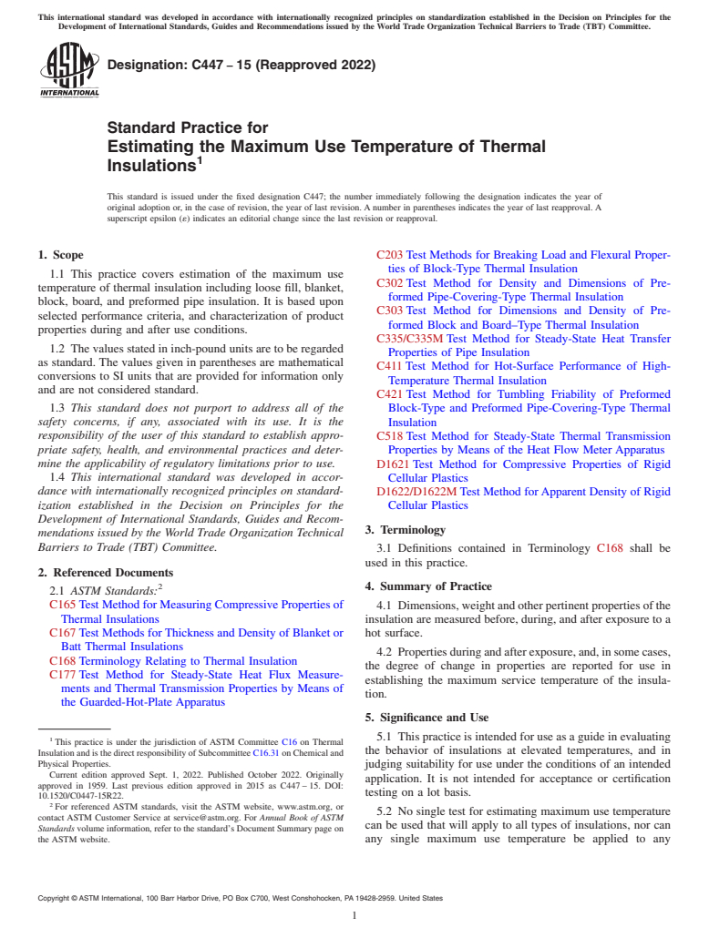 ASTM C447-15(2022) - Standard Practice for  Estimating the Maximum Use Temperature of Thermal Insulations
