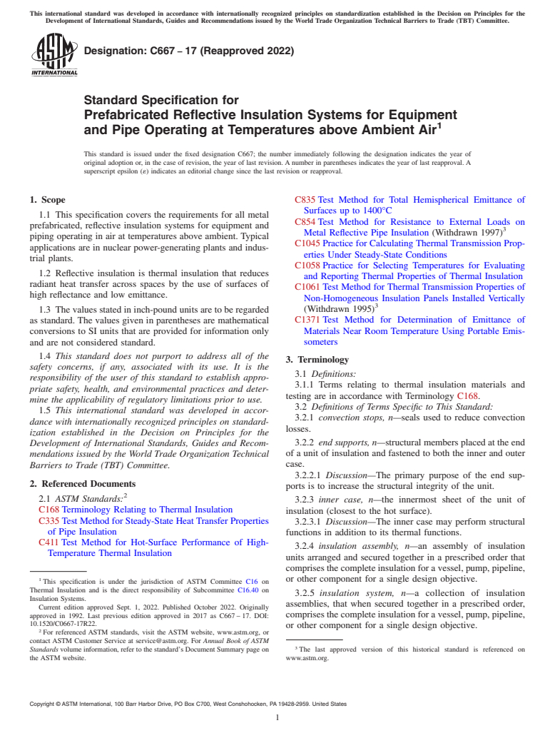 ASTM C667-17(2022) - Standard Specification for  Prefabricated Reflective Insulation Systems for Equipment and  Pipe Operating at Temperatures above Ambient Air