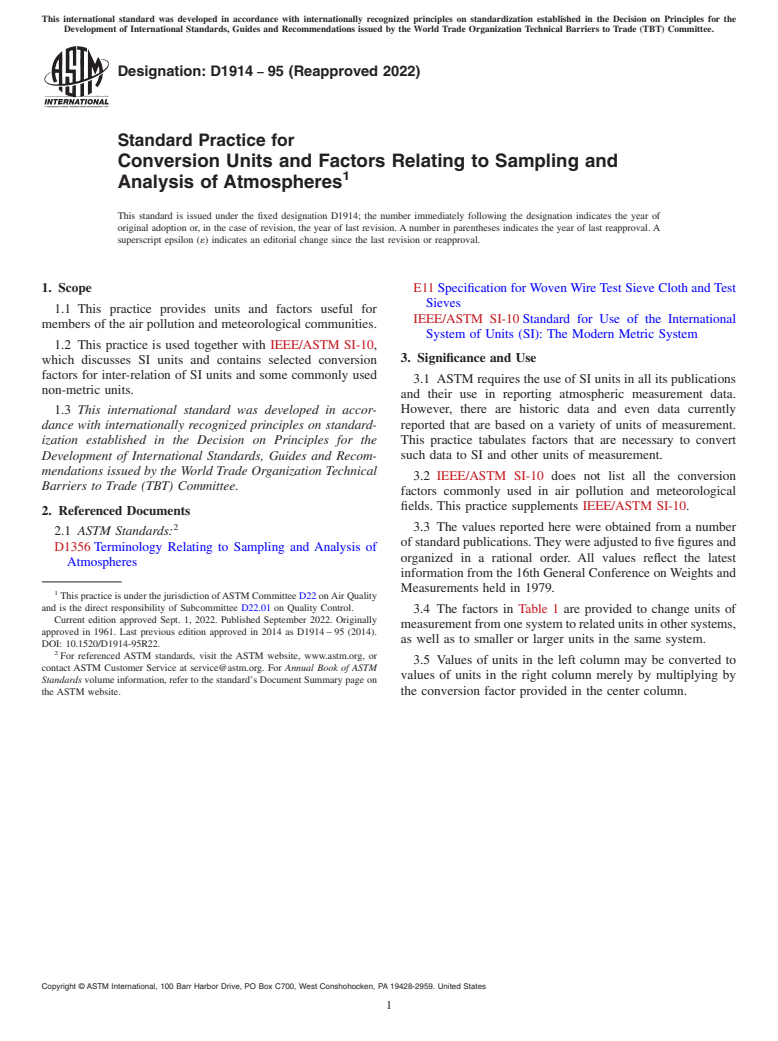 ASTM D1914-95(2022) - Standard Practice for  Conversion Units and Factors Relating to Sampling and Analysis  of Atmospheres