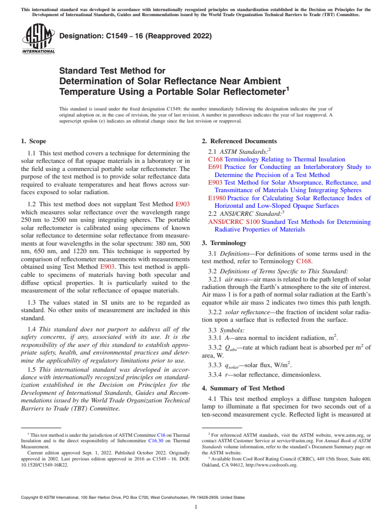 ASTM C1549-16(2022) - Standard Test Method for  Determination of Solar Reflectance Near Ambient Temperature  Using a Portable Solar Reflectometer