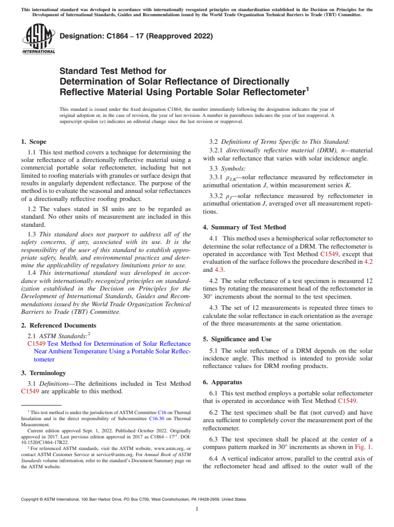 ASTM C1864-17(2022) - Standard Test Method for Determination of Solar Reflectance of Directionally Reflective  Material Using Portable Solar Reflectometer