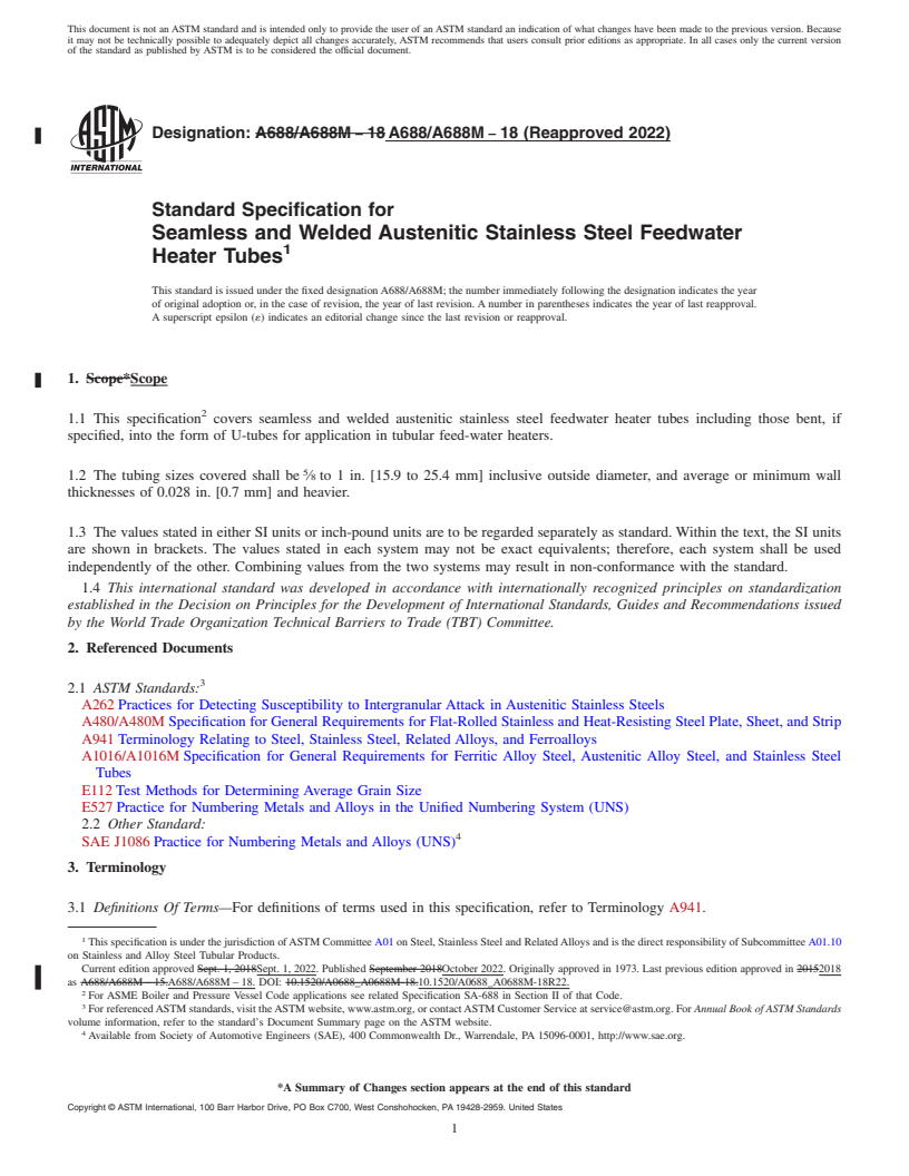 REDLINE ASTM A688/A688M-18(2022) - Standard Specification for  Seamless and Welded Austenitic Stainless Steel Feedwater Heater  Tubes