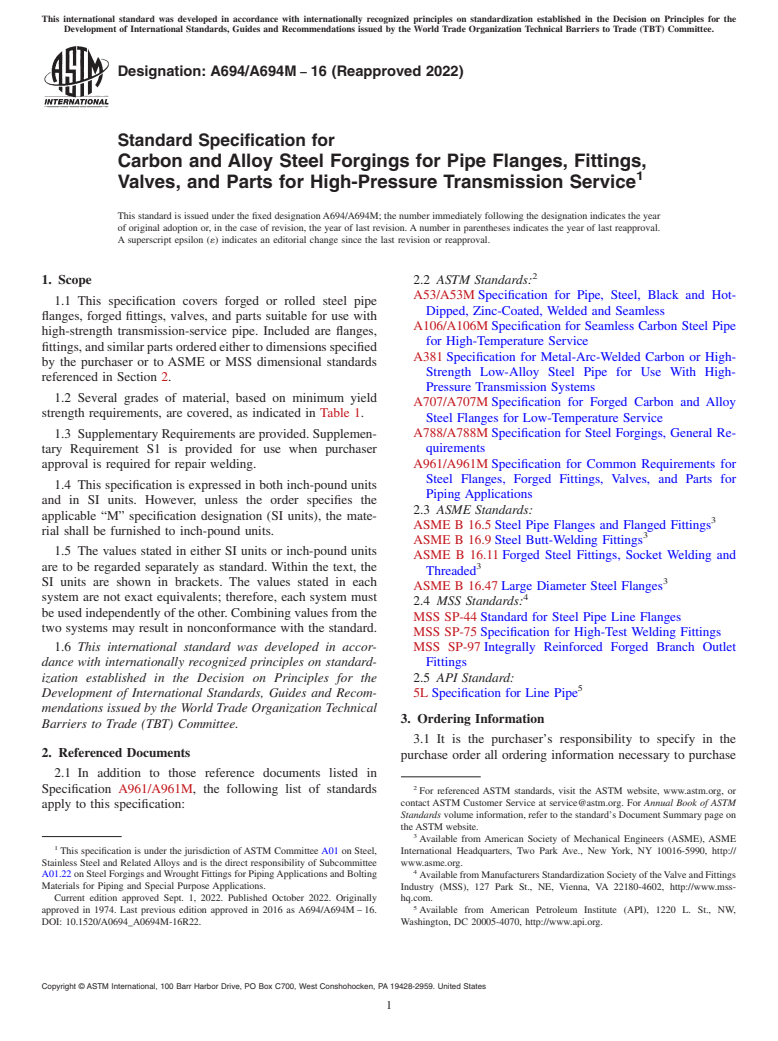 ASTM A694/A694M-16(2022) - Standard Specification for  Carbon and Alloy Steel Forgings for Pipe Flanges, Fittings,   Valves, and Parts for High-Pressure Transmission Service