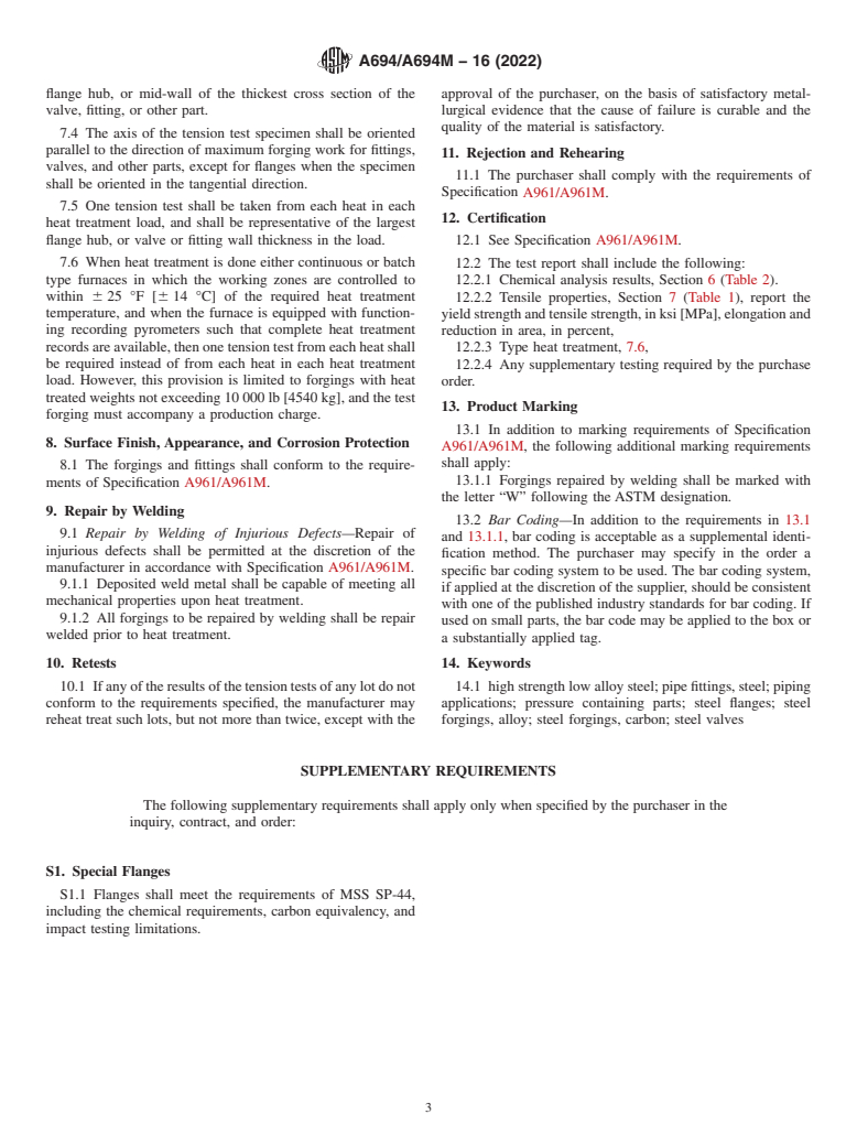 ASTM A694/A694M-16(2022) - Standard Specification for  Carbon and Alloy Steel Forgings for Pipe Flanges, Fittings,   Valves, and Parts for High-Pressure Transmission Service