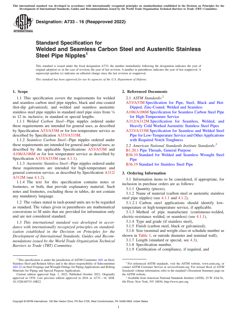 ASTM A733-16(2022) - Standard Specification for  Welded and Seamless Carbon Steel and Austenitic Stainless Steel  Pipe Nipples