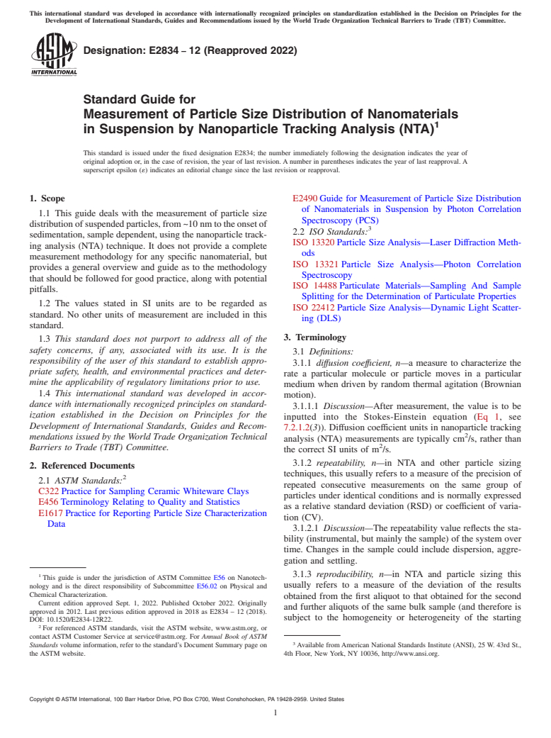 ASTM E2834-12(2022) - Standard Guide for  Measurement of Particle Size Distribution of Nanomaterials  in Suspension by Nanoparticle Tracking Analysis (NTA)