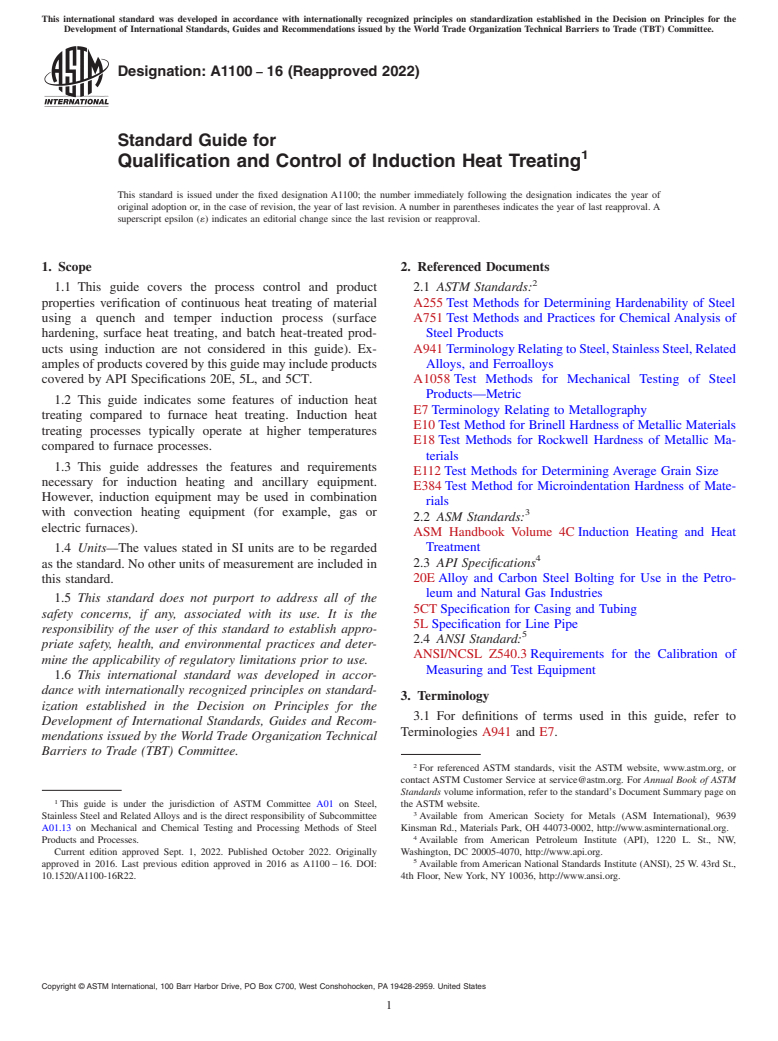 ASTM A1100-16(2022) - Standard Guide for Qualification and Control of Induction Heat Treating