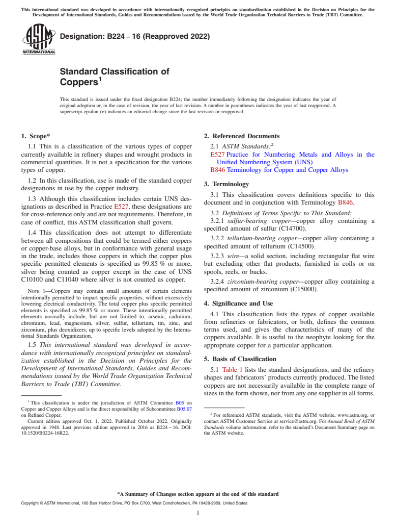 ASTM B224-16(2022) - Standard Classification of Coppers