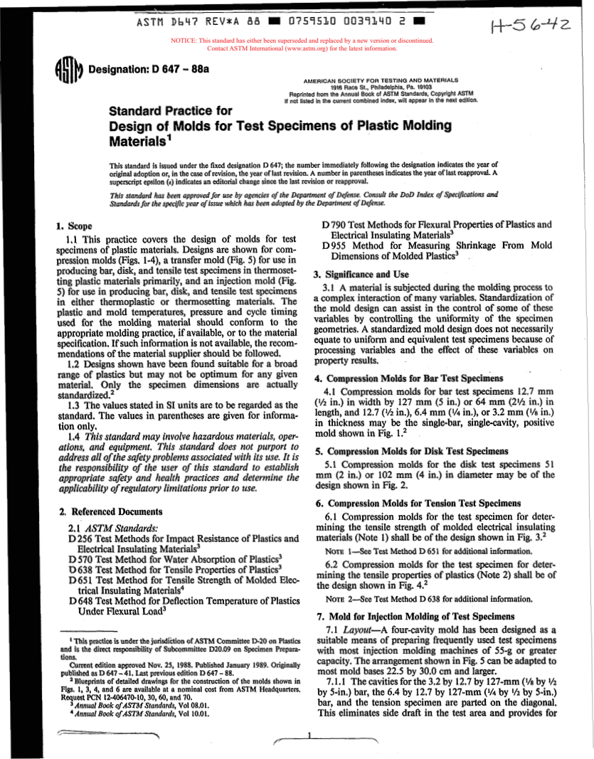 ASTM D647-88A - Practice for Design of Molds for Test Specimens of Plastic Molding Materials (Withdrawn 1994)