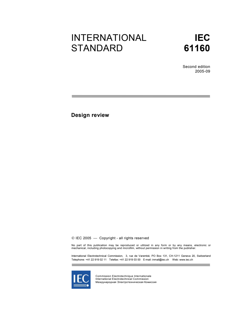 IEC 61160:2005 - Design review
Released:9/27/2005
Isbn:2831882338