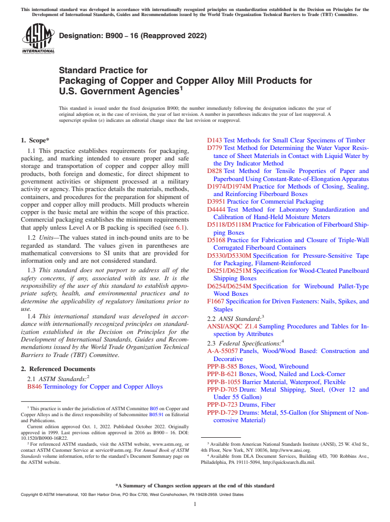 ASTM B900-16(2022) - Standard Practice for Packaging of Copper and Copper Alloy Mill Products for U.S.  Government Agencies