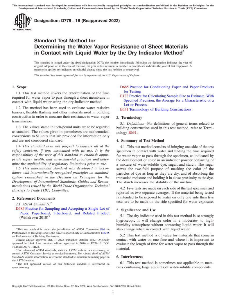 ASTM D779-16(2022) - Standard Test Method for Determining the Water Vapor Resistance of Sheet Materials in  Contact with Liquid Water by the Dry Indicator Method